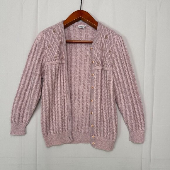 Vintage 80s Damas Creazioni Lilac Beaded Cable Knit Cardigan Sweater Medium - Picture 3 of 12